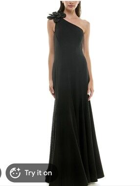 New!Taylor One-Shoulder Black Evening Gown Floral Embellished Accent Y2K Core Ch